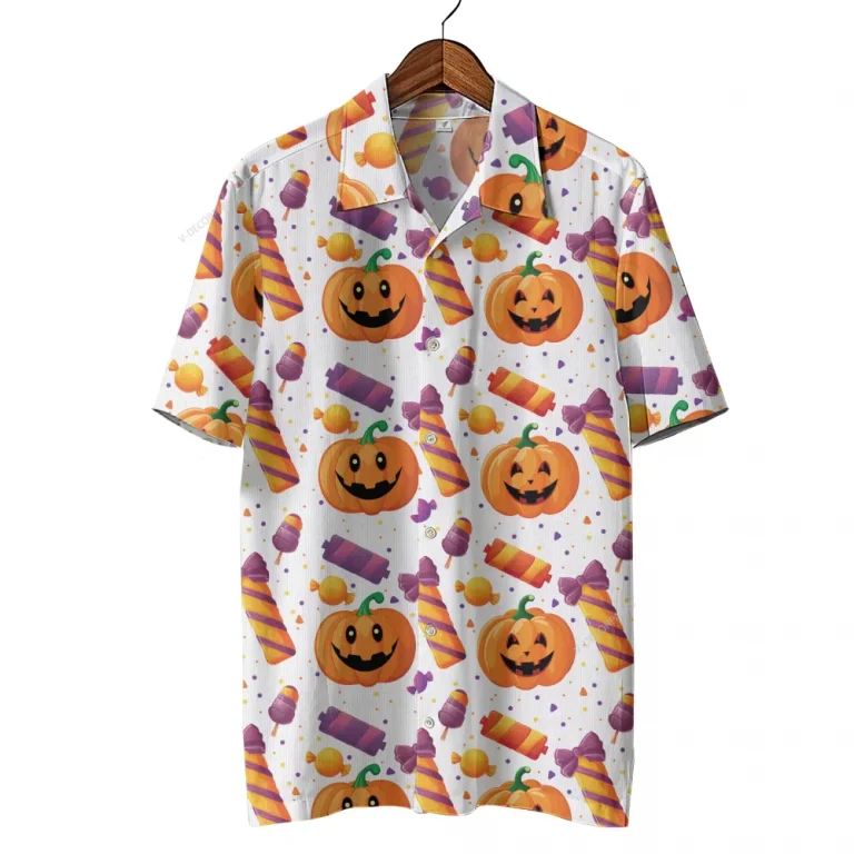 Candy Pumpkins Halloween Hawaiian Shirts, Spooky Aloha Shirts, Halloween Pattern Summer Beach Shirt, Halloween Button Down Short Sleeve Hawaiian Shirt