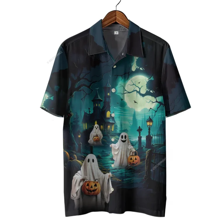 Scary Ghost Halloween Hawaiian Shirts, Haunted Castle Summer Beach Shirts, Scary Night Button Down Short Sleeve Hawaiian Shirts, Spooky Aloha Shirt