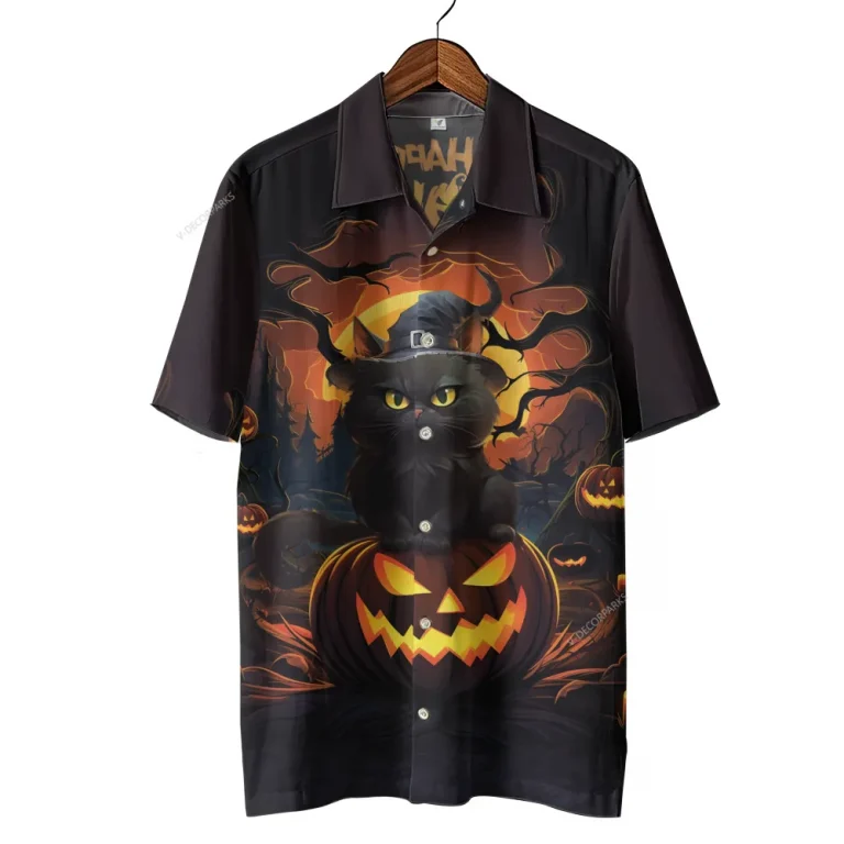 Black Cat Witch Hawaiian Shirts, Halloween Summer Shirts, Jack-o-lantern Pumpkin Aloha Shirts, Black Cat Lover Button Down Short Sleeve Hawaiian Shirt
