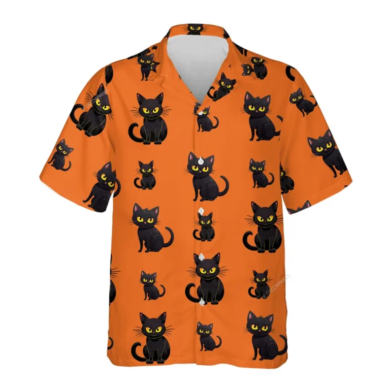 Black Cat Halloween Hawaiian Shirts, Halloween Black Cat Summer Beach Shirt, Spooky Aloha Shirt, Cat Lover Button Down Short Sleeve Hawaiian Shirts