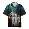 Scary Ghost Halloween Hawaiian Shirts, Scary Night Button Down Short Sleeve Hawaiian Shirts, Haunted Castle Summer Beach Shirts, Horror Aloha Shirt