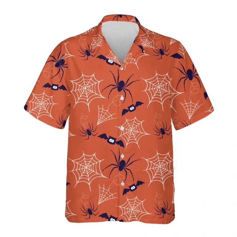 Spide Web Halloween Hawaiian Shirts, Bat Spider Summer Beach Shirts, Spooky Aloha Shirts, Halloween Pattern Button Down Short Sleeve Hawaiian Shirts