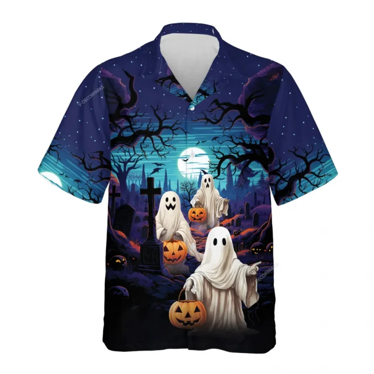 Horror Ghost Halloween Hawaiian Shirts, Scary Night Button Down Short Sleeve Shirts, Halloween Cemetery Summer Beach Shirts, Halloween Aloha Shirts