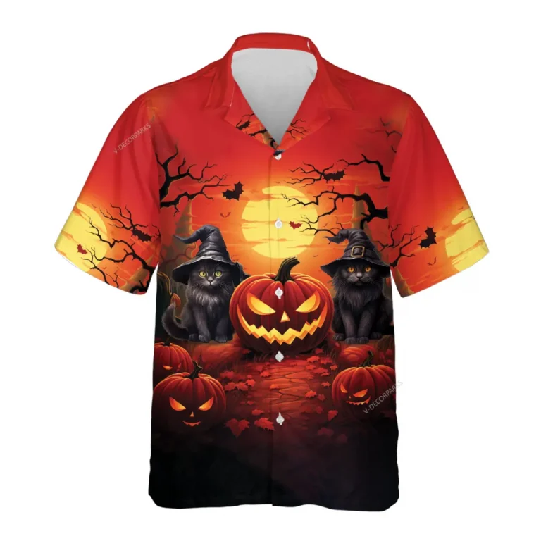 Black Cat Witch Hawaiian Shirts, Full Moon Halloween Summer Shirts Jack-o-lantern Pumpkin Aloha Shirts, Horror Button Down Short Sleeve Hawaiian Shirt