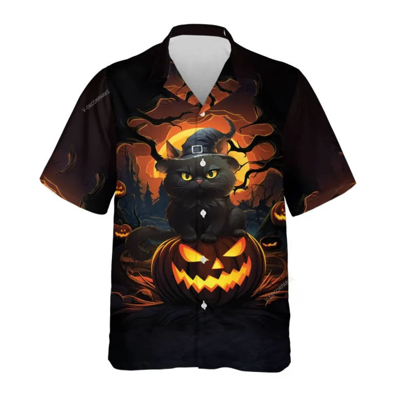 Black Cat Witch Hawaiian Shirts, Halloween Summer Shirts, Jack-o-lantern Pumpkin Aloha Shirts, Black Cat Lover Button Down Short Sleeve Hawaiian Shirt