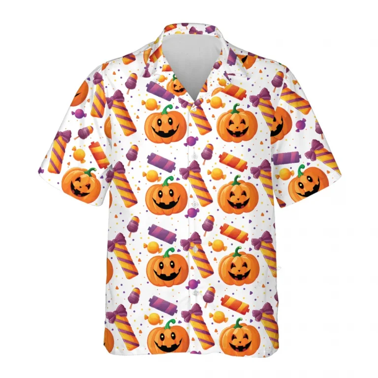 Candy Pumpkins Halloween Hawaiian Shirts, Spooky Aloha Shirts, Halloween Pattern Summer Beach Shirt, Halloween Button Down Short Sleeve Hawaiian Shirt