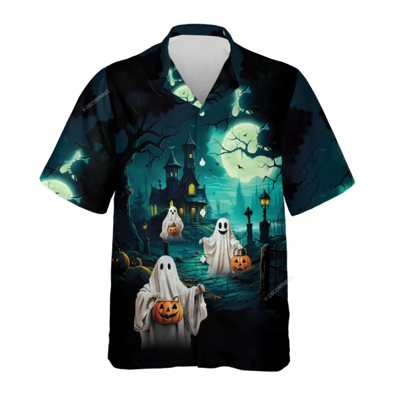 Scary Ghost Halloween Hawaiian Shirts, Haunted Castle Summer Beach Shirts, Scary Night Button Down Short Sleeve Hawaiian Shirts, Spooky Aloha Shirt