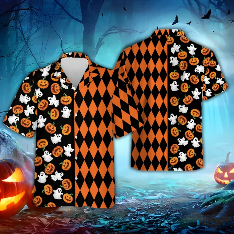 Funny Ghost Pumpkins Halloween Hawaiian Shirts, Halloween Pattern Summer Beach Shirts, Spooky Aloha Shirts Button Down Short Sleeve Hawaiian Shirts