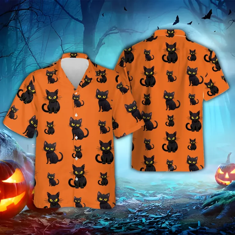 Black Cat Halloween Hawaiian Shirts, Halloween Black Cat Summer Beach Shirt, Spooky Aloha Shirt, Cat Lover Button Down Short Sleeve Hawaiian Shirts