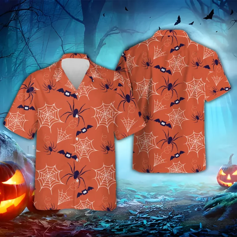 Spide Web Halloween Hawaiian Shirts, Bat Spider Summer Beach Shirts, Spooky Aloha Shirts, Halloween Pattern Button Down Short Sleeve Hawaiian Shirts