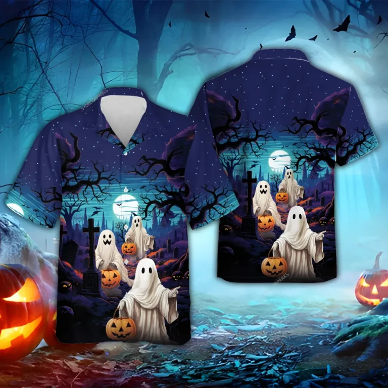 Horror Ghost Halloween Hawaiian Shirts, Scary Night Button Down Short Sleeve Shirts, Halloween Cemetery Summer Beach Shirts, Halloween Aloha Shirts