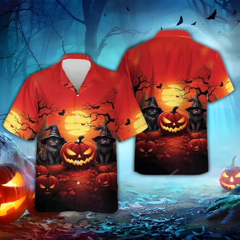 Black Cat Witch Hawaiian Shirts, Full Moon Halloween Summer Shirts Jack-o-lantern Pumpkin Aloha Shirts, Horror Button Down Short Sleeve Hawaiian Shirt