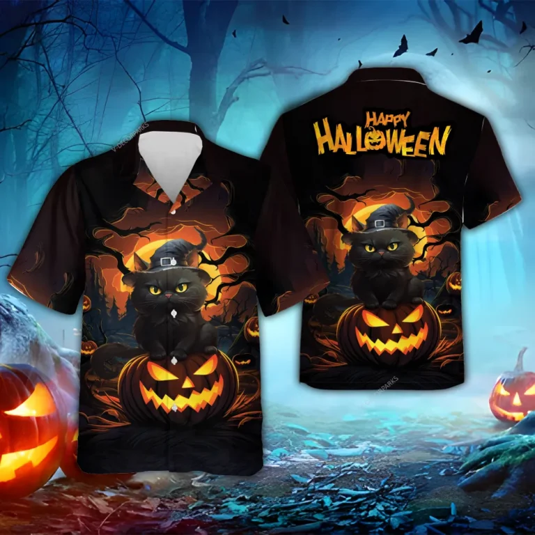 Black Cat Witch Hawaiian Shirts, Halloween Summer Shirts, Jack-o-lantern Pumpkin Aloha Shirts, Black Cat Lover Button Down Short Sleeve Hawaiian Shirt