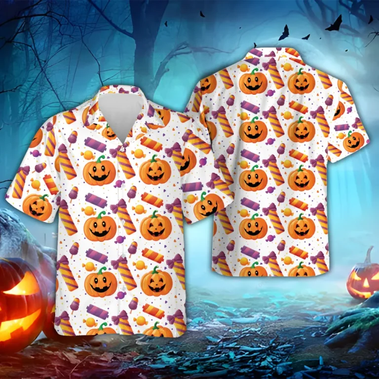Candy Pumpkins Halloween Hawaiian Shirts, Spooky Aloha Shirts, Halloween Pattern Summer Beach Shirt, Halloween Button Down Short Sleeve Hawaiian Shirt