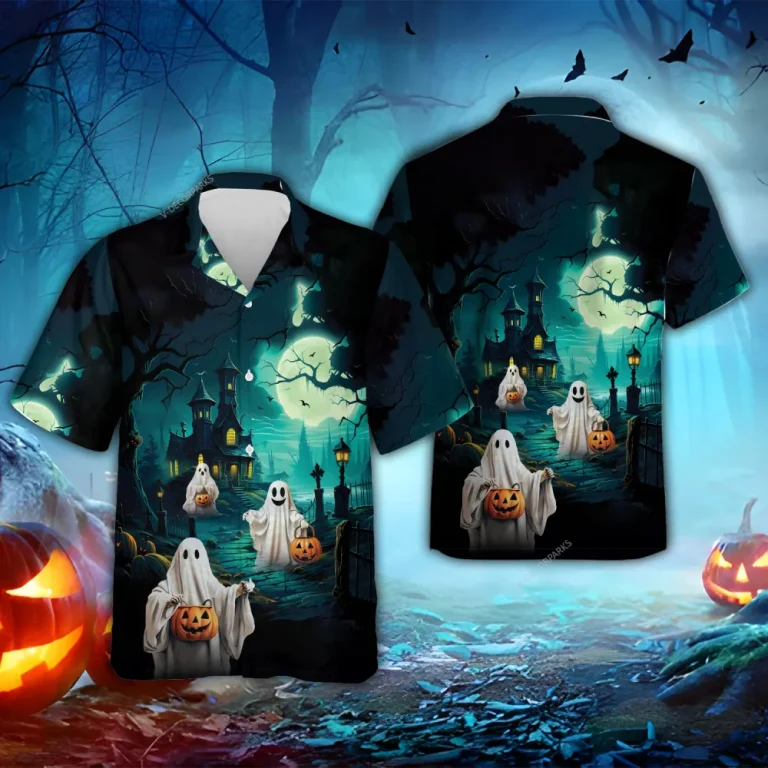 Scary Ghost Halloween Hawaiian Shirts, Haunted Castle Summer Beach Shirts, Scary Night Button Down Short Sleeve Hawaiian Shirts, Spooky Aloha Shirt