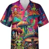 Alien Psychedelic Mushroom And Frog Hawaiian Shirts For Men, Frog & Mushroom Men's Casual Button Down Short Sleeve Shirt, Magic Mushroom Aloha Shirt