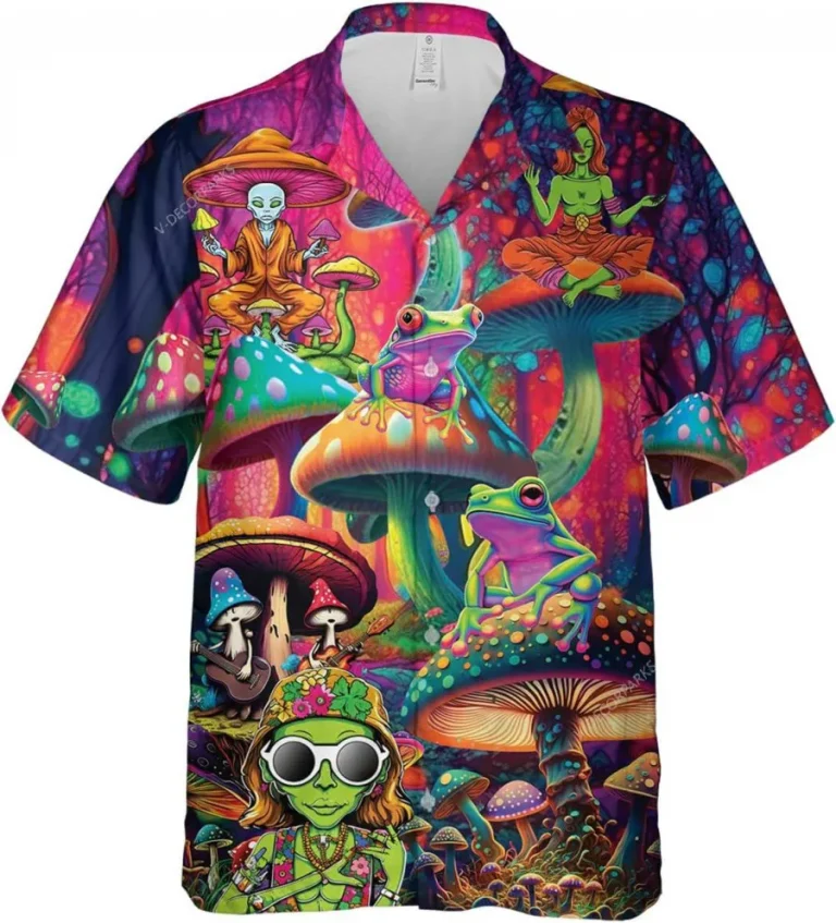 Alien Psychedelic Mushroom And Frog Hawaiian Shirts For Men, Frog & Mushroom Men's Casual Button Down Short Sleeve Shirt, Magic Mushroom Aloha Shirt