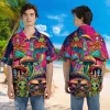 Alien Psychedelic Mushroom And Frog Hawaiian Shirts For Men, Frog & Mushroom Men's Casual Button Down Short Sleeve Shirt, Magic Mushroom Aloha Shirt