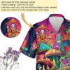 Alien Psychedelic Mushroom And Frog Hawaiian Shirts For Men, Frog & Mushroom Men's Casual Button Down Short Sleeve Shirt, Magic Mushroom Aloha Shirt