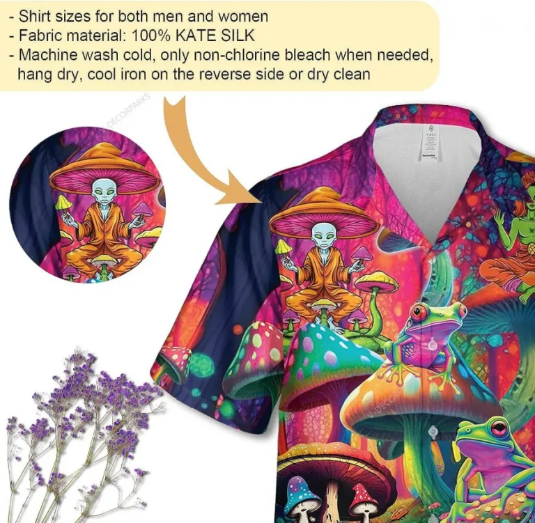 Alien Psychedelic Mushroom And Frog Hawaiian Shirts For Men, Frog & Mushroom Men's Casual Button Down Short Sleeve Shirt, Magic Mushroom Aloha Shirt