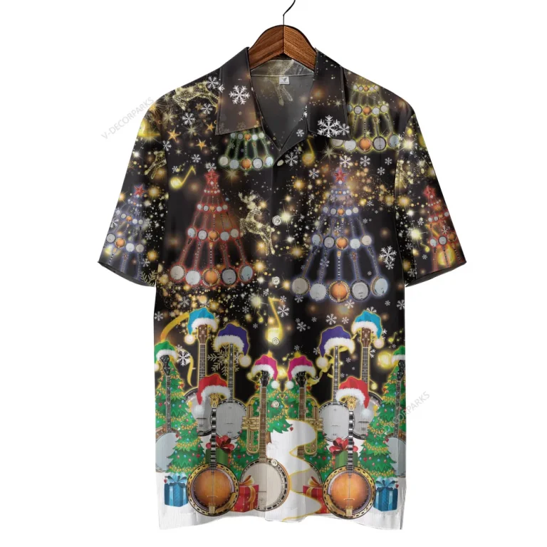 Christmas Banjo Music Button Down Hawaiian Shirt, Santa Pine Tree Button Down Shirt, Music Lover Aloha Shirt, Santa Themed Aloha Shirt