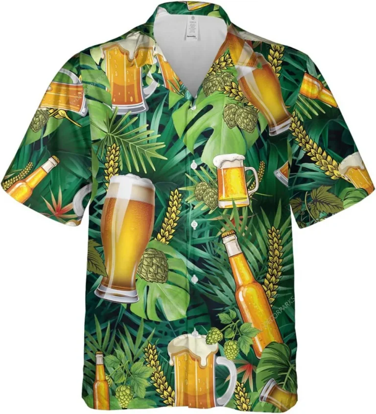 Beer And Hop Tropical Pattern Hawaiian Shirts For Men, Tropical Summer Button Down Hawaiian Shirt Short Sleeve, Vintage Aloha Hawaii Shirt