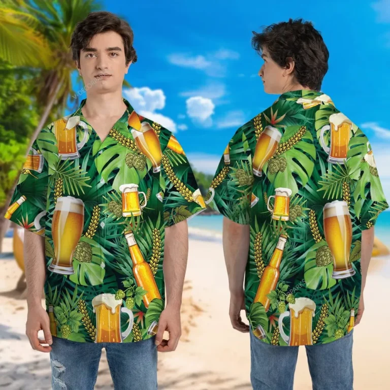 Beer And Hop Tropical Pattern Hawaiian Shirts For Men, Tropical Summer Button Down Hawaiian Shirt Short Sleeve, Vintage Aloha Hawaii Shirt