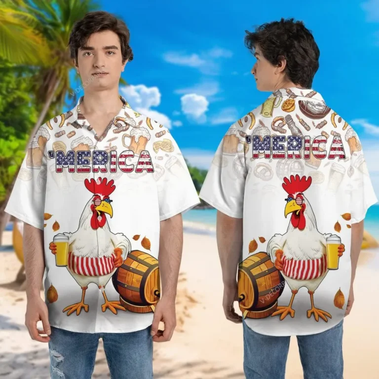 American Patriotic Chicken With Beer Hawaiian Shirts For Men, Chicken Button Down Hawaiian Shirt Short Sleeve, Patriotic Shirt, Hawaiian Aloha Shirt