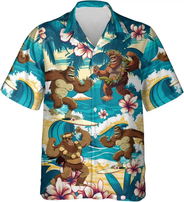 Funny Bigfoot Surfing And Hibiscus Flower Hawaiian Shirt, Surfing In Summer Button Down Short Sleeve Shirt, Bigfoot Shirt, Sasquatch Aloha Shirt