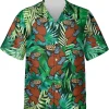 V-decorparks Pizza Bigfoot Hawaiian Shirts, Sasquatch Summer Beach Shirts, Tropical Leaves Pattern Pizza Bigfoot Casual Button Down Sleeve Short Shirt