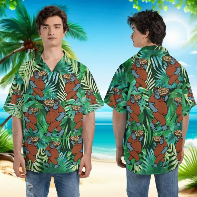 V-decorparks Pizza Bigfoot Hawaiian Shirts, Sasquatch Summer Beach Shirts, Tropical Leaves Pattern Pizza Bigfoot Casual Button Down Sleeve Short Shirt