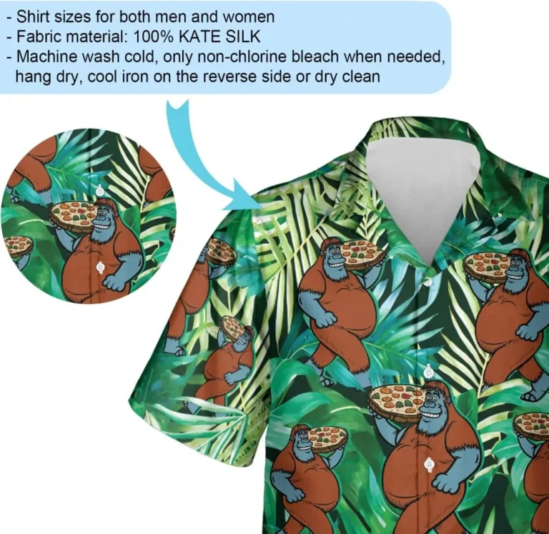 V-decorparks Pizza Bigfoot Hawaiian Shirts, Sasquatch Summer Beach Shirts, Tropical Leaves Pattern Pizza Bigfoot Casual Button Down Sleeve Short Shirt