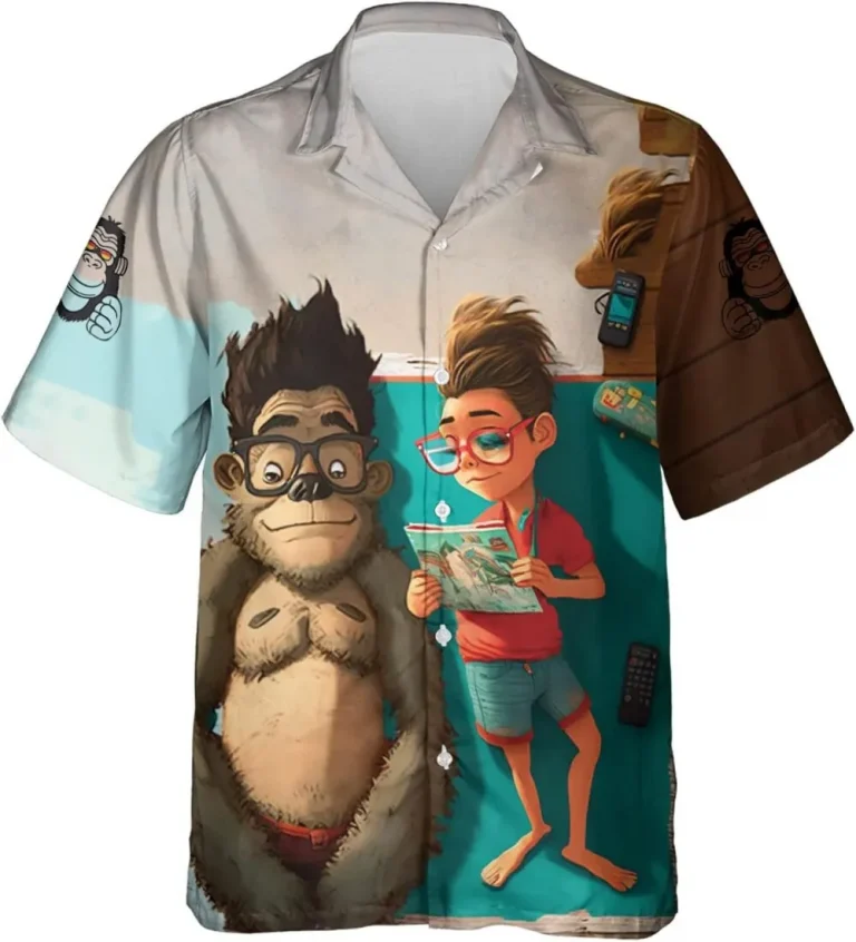 Funny Bigfoot Men's Hawaiian Shirt, Girl Reading Book Hawaiian Shirts, Sasquatch Shirts, Human's Friend Casual Button Down Short Sleeve Hawaiian Shirt