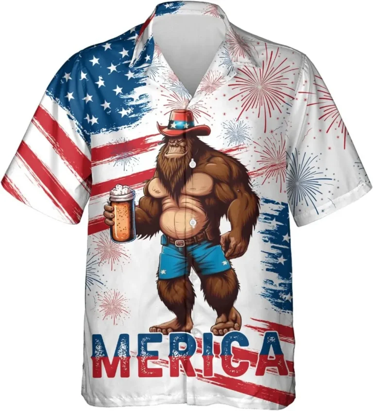 Patriotic Bigfoot Hawaiian Shirts, Merica Summer Beach Shirts, 4th Of July Sasquatch Hawaiian Shirt, Independence Day Button Down Shirts Short Sleeve