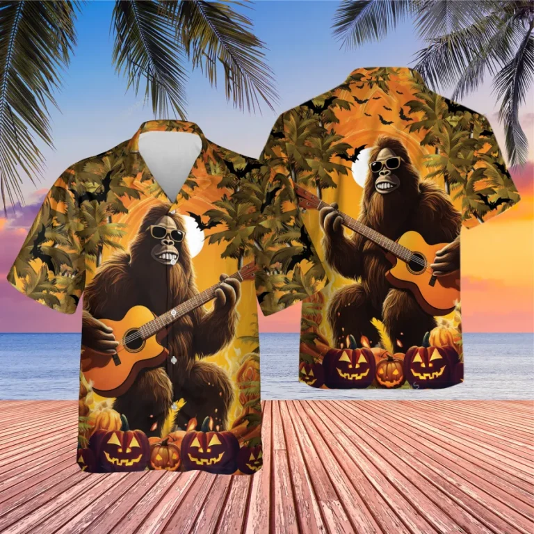 Bigfoot Guitar Hawaiian Shirt, Halloween Tropical Palm Aloha Shirt, Button Up Short Sleeves, Carved Pumpkin Costume, Family Matching Clothing