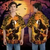 Bigfoot Guitar Hawaiian Shirt, Halloween Tropical Palm Aloha Shirt, Button Up Short Sleeves, Carved Pumpkin Costume, Family Matching Clothing