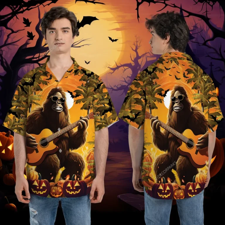 Bigfoot Guitar Hawaiian Shirt, Halloween Tropical Palm Aloha Shirt, Button Up Short Sleeves, Carved Pumpkin Costume, Family Matching Clothing