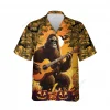 Bigfoot Guitar Hawaiian Shirt, Halloween Tropical Palm Aloha Shirt, Button Up Short Sleeves, Carved Pumpkin Costume, Family Matching Clothing