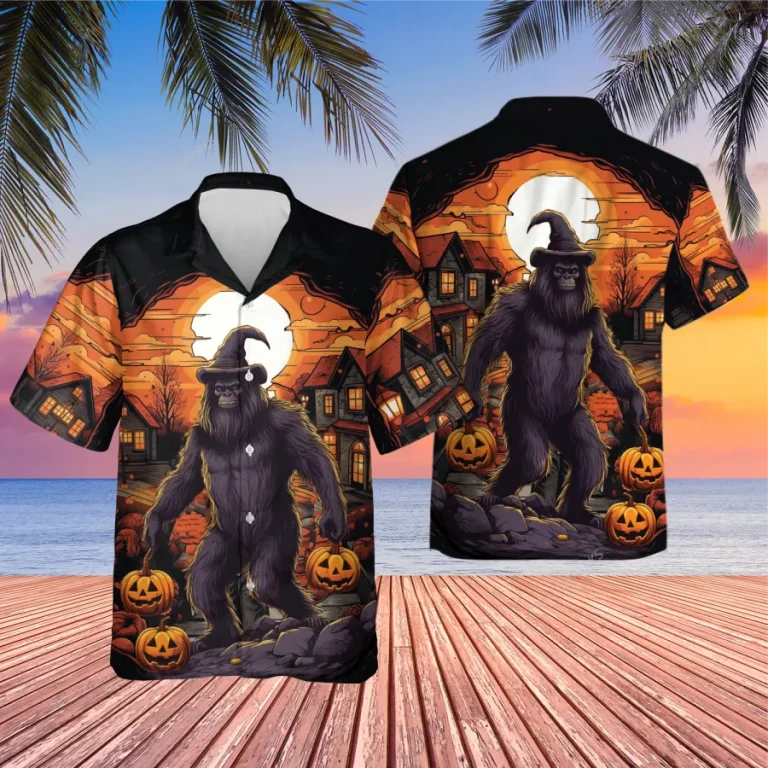 Sasquatch Witch Halloween Unisex Hawaiian Shirt, Spooky Village Aloha Shirt, Horror Pumpkin Button-up Short Sleeves, Halloween Costume