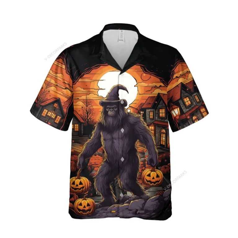 Sasquatch Witch Halloween Unisex Hawaiian Shirt, Spooky Village Aloha Shirt, Horror Pumpkin Button-up Short Sleeves, Halloween Costume
