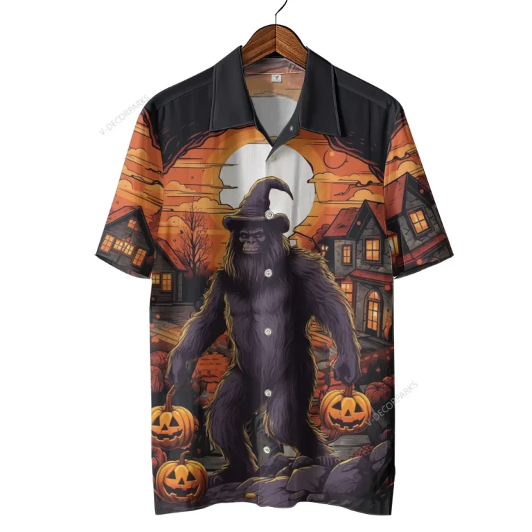 Sasquatch Witch Halloween Unisex Hawaiian Shirt, Spooky Village Aloha Shirt, Horror Pumpkin Button-up Short Sleeves, Halloween Costume