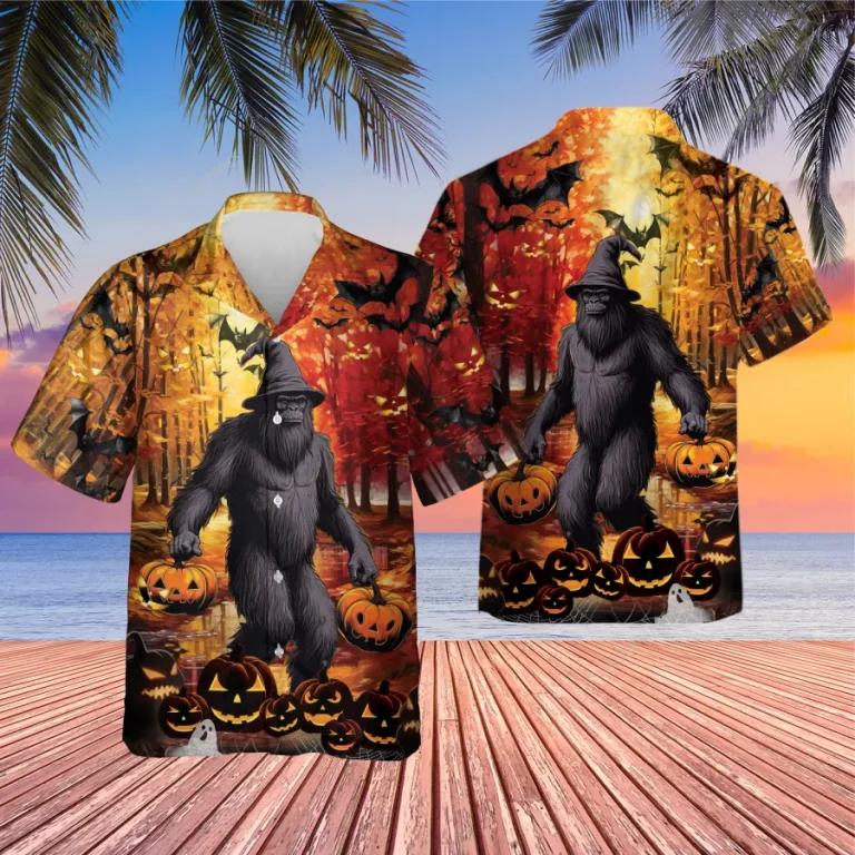 Wicked Sasquatch Halloween Hawaiian Shirt For Men And Women, Fall Leaves Pattern Aloha Shirt, Spooky Pumpkin Button-up Short Sleeves