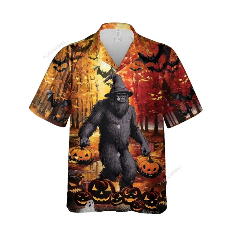 Wicked Sasquatch Halloween Hawaiian Shirt For Men And Women, Fall Leaves Pattern Aloha Shirt, Spooky Pumpkin Button-up Short Sleeves