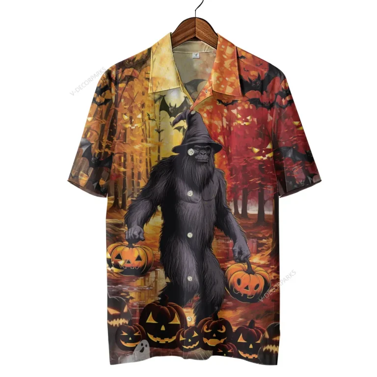 Wicked Sasquatch Halloween Hawaiian Shirt For Men And Women, Fall Leaves Pattern Aloha Shirt, Spooky Pumpkin Button-up Short Sleeves