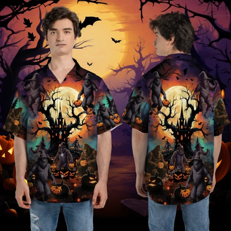 Horror Bigfoot Halloween Hawaiian Shirt For Men And Women, Mythical Creature Pattern Aloha Shirt, Spooky Forest Button-up Short Sleeves, Family Gift