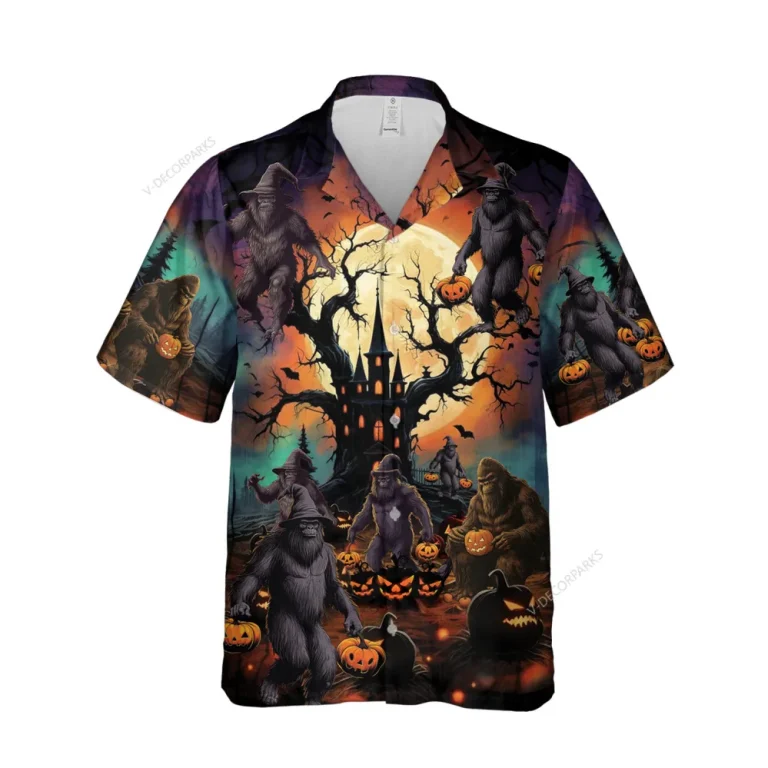 Horror Bigfoot Halloween Hawaiian Shirt For Men And Women, Mythical Creature Pattern Aloha Shirt, Spooky Forest Button-up Short Sleeves, Family Gift