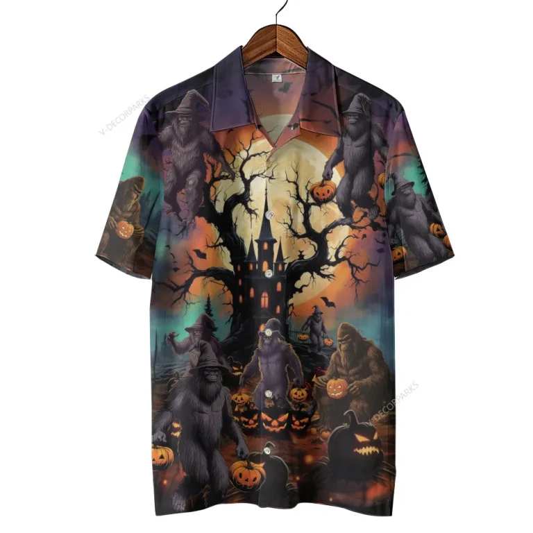 Horror Bigfoot Halloween Hawaiian Shirt For Men And Women, Mythical Creature Pattern Aloha Shirt, Spooky Forest Button-up Short Sleeves, Family Gift