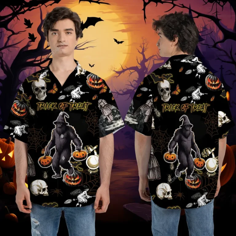 Funny Sasquatch Halloween Unisex Hawaiian Shirts, Trick-or-treat Symbol Aloha Beach Shirt, Spooky Halloween Icon Pattern Shirt, Family Matching Wear