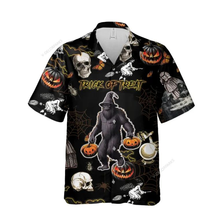 Funny Sasquatch Halloween Unisex Hawaiian Shirts, Trick-or-treat Symbol Aloha Beach Shirt, Spooky Halloween Icon Pattern Shirt, Family Matching Wear