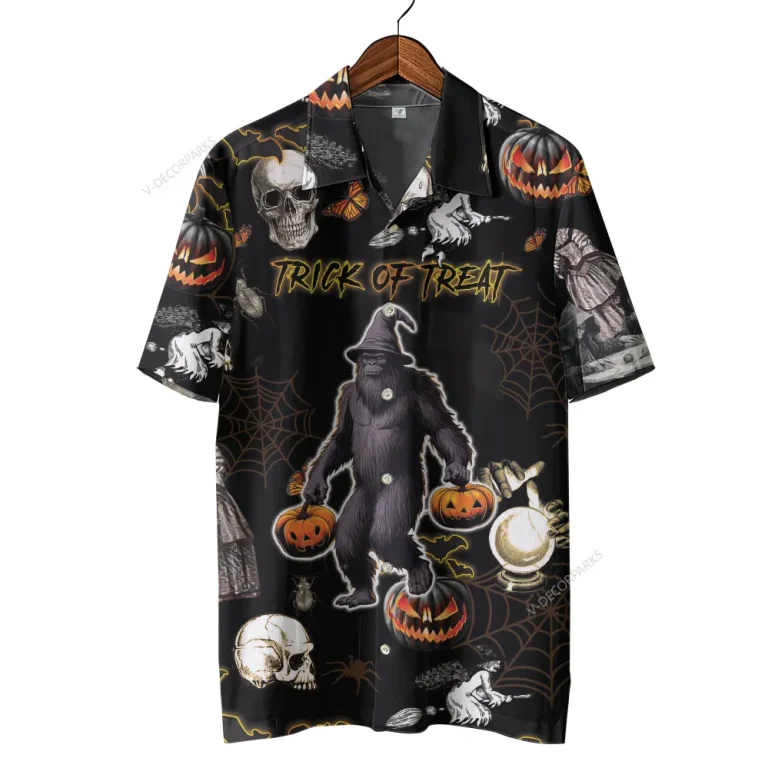 Funny Sasquatch Halloween Unisex Hawaiian Shirts, Trick-or-treat Symbol Aloha Beach Shirt, Spooky Halloween Icon Pattern Shirt, Family Matching Wear